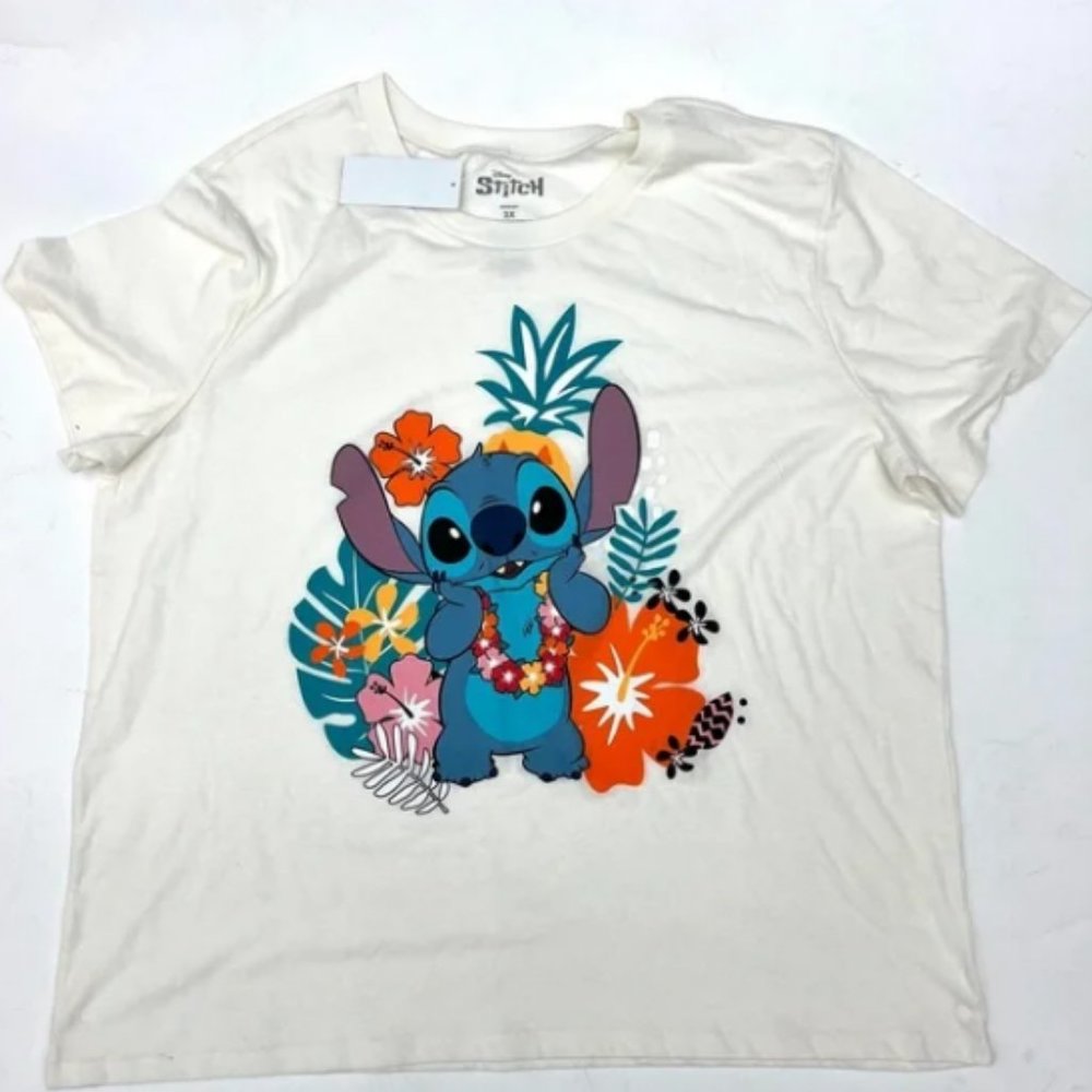 Disney Stitch Short Sleeve Tee T-Shirt Plus Size 2X White multi New
